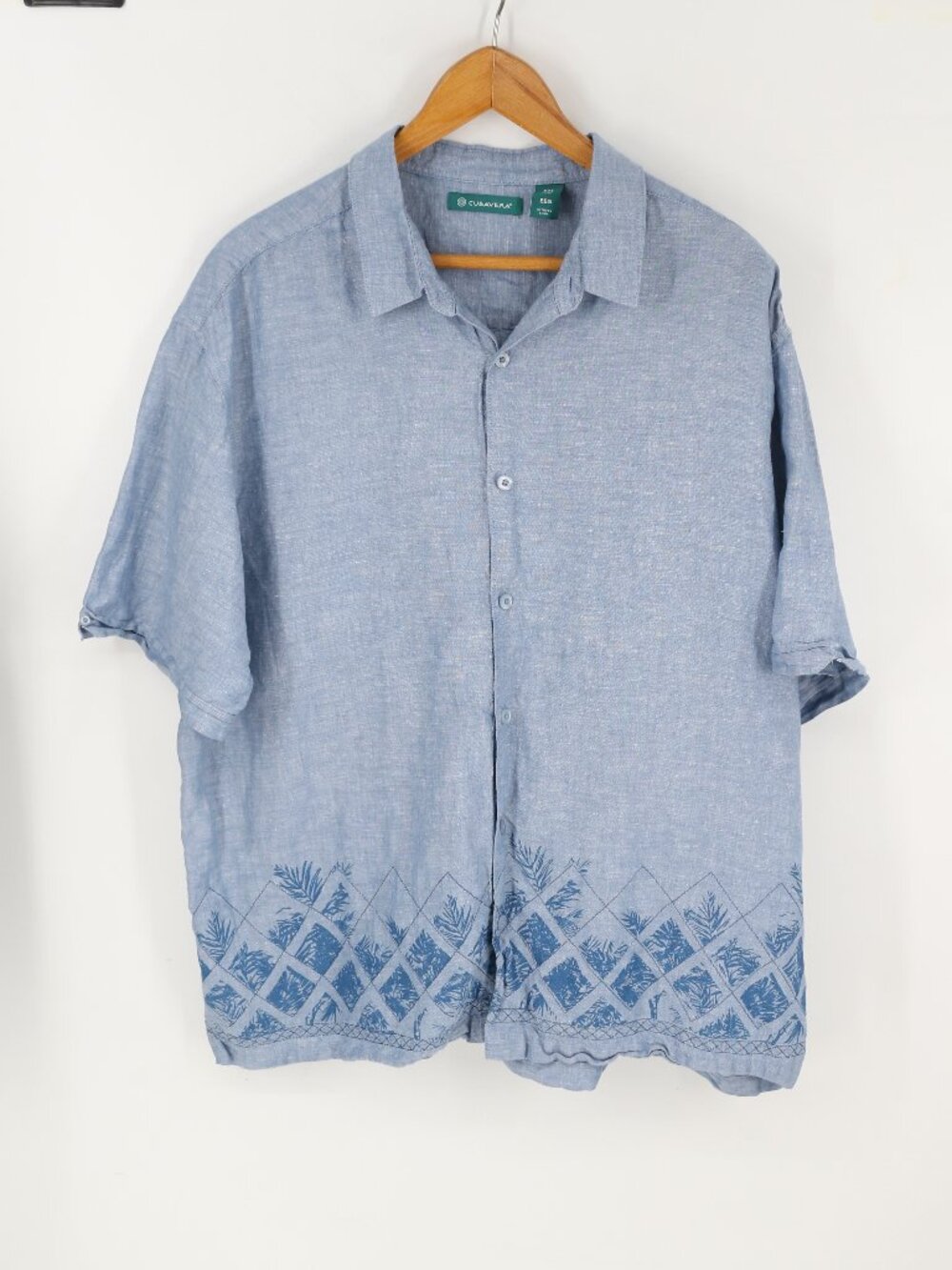 Cubavera Men's XXL Shirt Striped Button Up Short Sleeve Camp Cuban Blue Linen